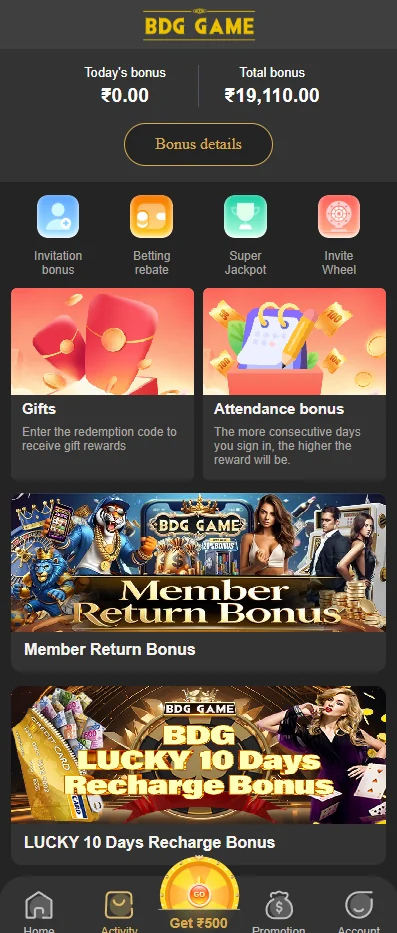 BDG Game activity dashboard with member and recharge bonus cards