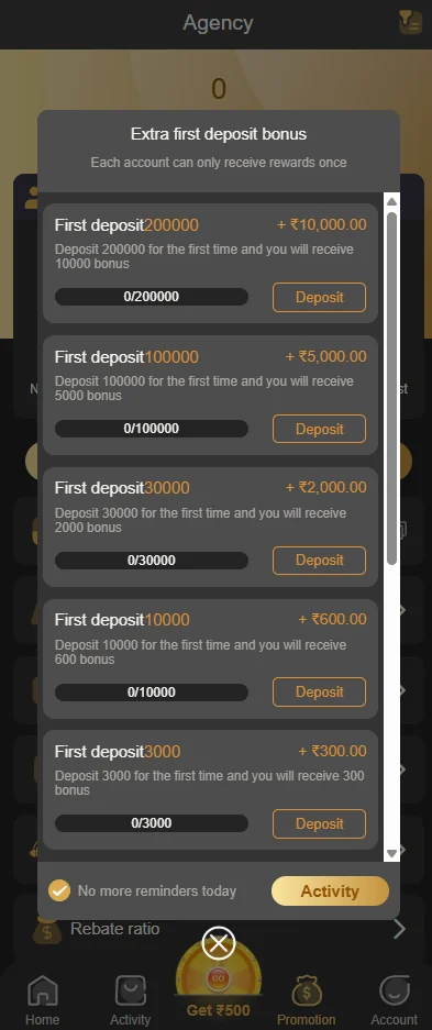 BDG Agency screen with first-deposit tiers, progress and promotion controls