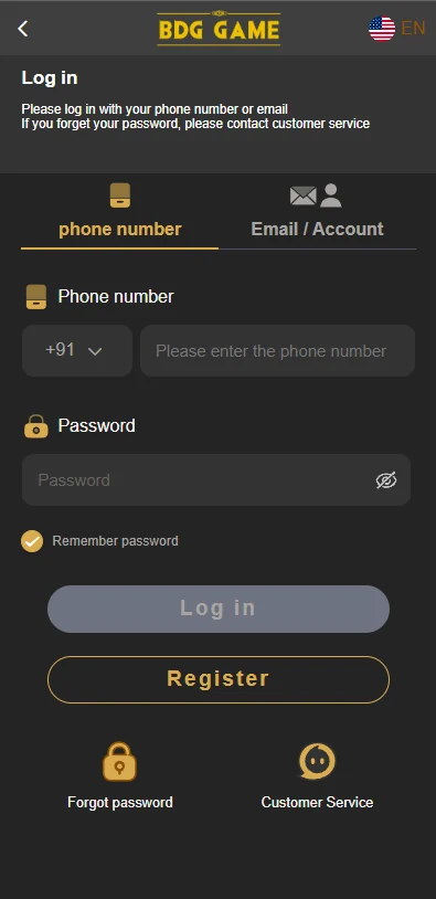 BDG Game Login screen with phone, email, password and account recovery controls