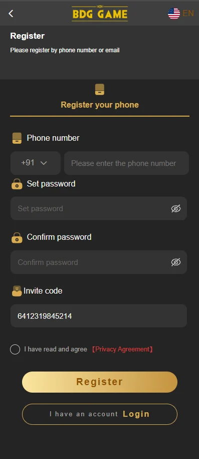 BDG Game registration screen with phone, password, invitation code and agreement