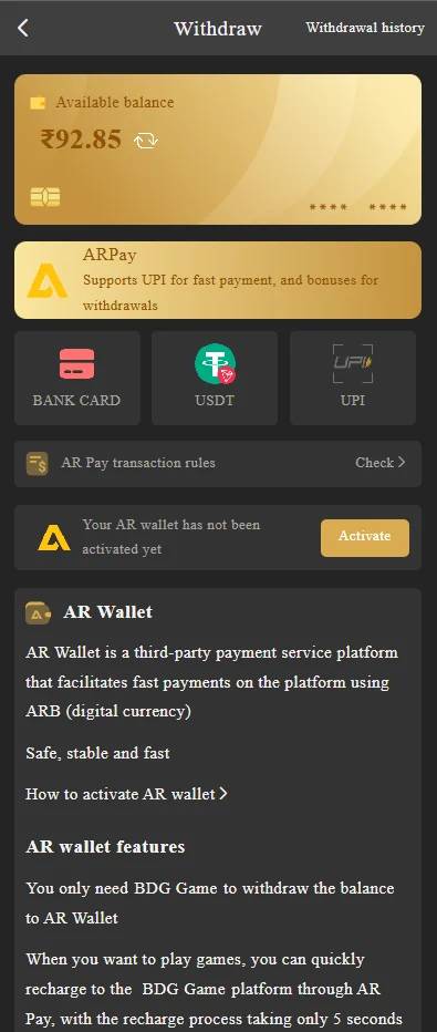 BDG withdrawal screen with ARPay, Bank Card, USDT, UPI and AR Wallet details
